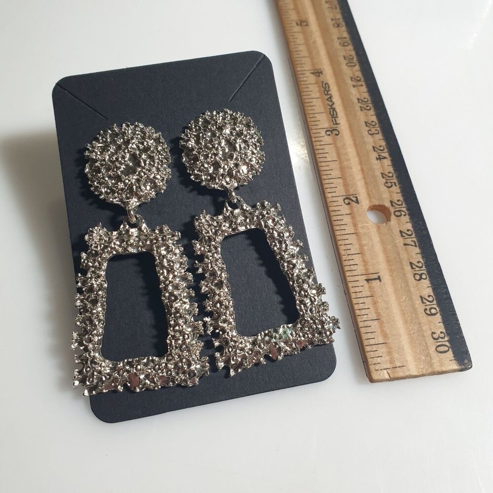 Rectangular Dangle Earrings Silver Tone Textured … - image 3